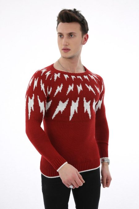 Şimşek Desenli Kırmızı Kalın Kışlık Günlük Triko Kazak