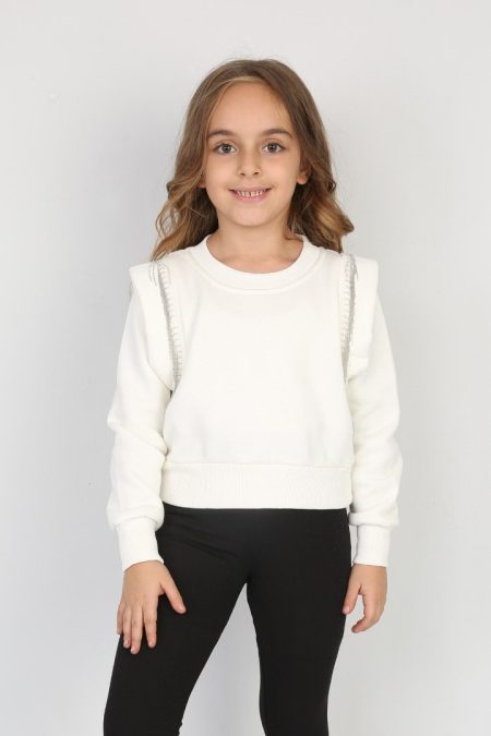 Üç İplik Şardonlu Omuz Detaylı Kız Çocuk Günlük Crop Sweatshirt