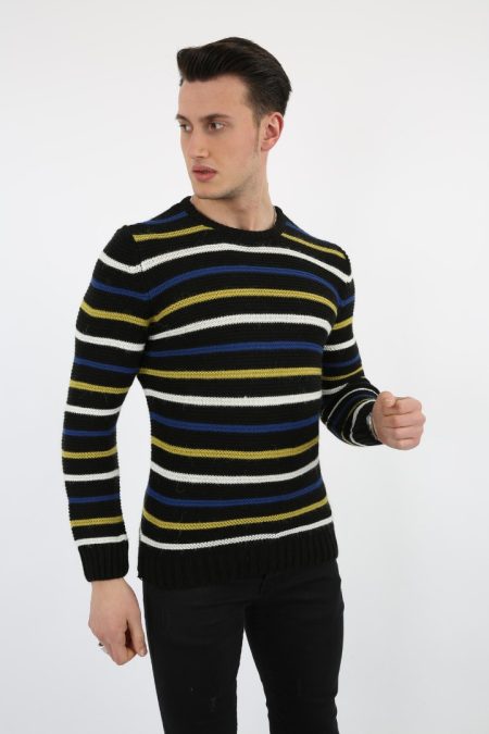 Çizgi Desenli Kalın Kışlık Erkek Günlük Triko Kazak
