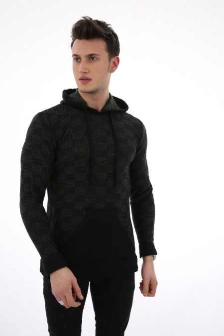 Erkek Desenli Kapşonlu Cepli Günlük Triko Kazak