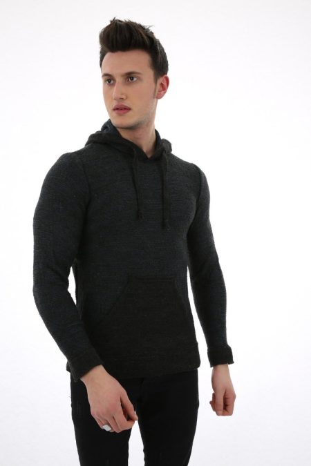 Erkek Desenli Kapşonlu Cepli Günlük Triko Kazak