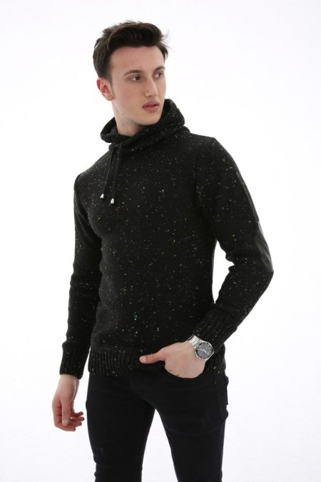 Erkek Düz Kırçıllı Kapşonlu Cepli Günlük Triko Kazak