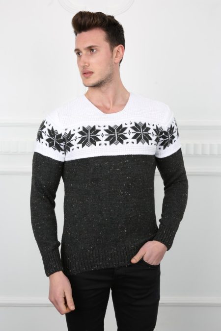 Erkek Kar Desenli Kışlık Kalın Günlük Triko Kazak