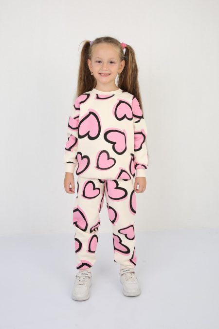 Üç İplik Şardonlu Kalp Baskılı Kız Çocuk Günlük Takım