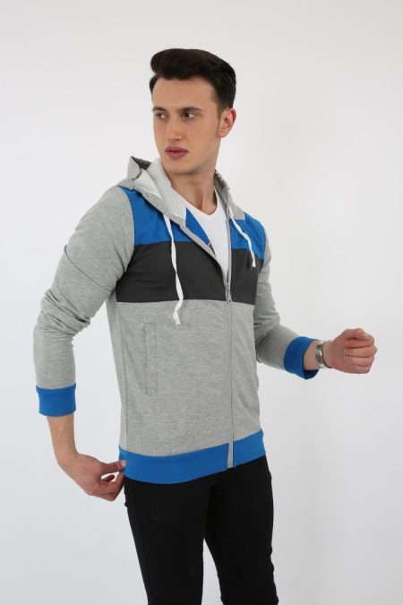 Parçalı Kapşonlu Fermuarlı Erkek Günlük Sweatshirt