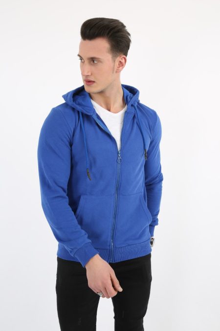 Üç İplik Düz Kapşonlu Fermuarlı Kanguru Cepli Erkek Günlük Sweatshirt