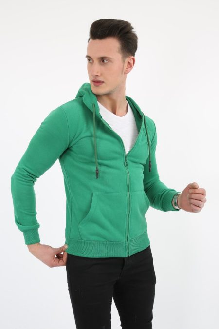 Üç İplik Düz Kapşonlu Fermuarlı Kanguru Cepli Erkek Günlük Sweatshirt