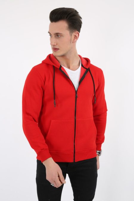 Üç İplik Düz Kapşonlu Fermuarlı Kanguru Cepli Erkek Günlük Sweatshirt