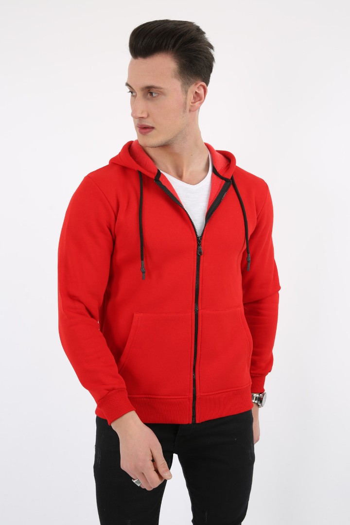 Üç İplik Düz Kapşonlu Fermuarlı Kanguru Cepli Erkek Günlük Sweatshirt 1 Üç İplik Düz Kapşonlu Fermuarlı Kanguru Cepli Erkek Günlük Sweatshirt