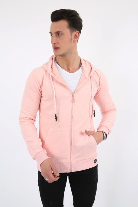 Üç İplik Düz Kapşonlu Fermuarlı Kanguru Cepli Erkek Günlük Sweatshirt