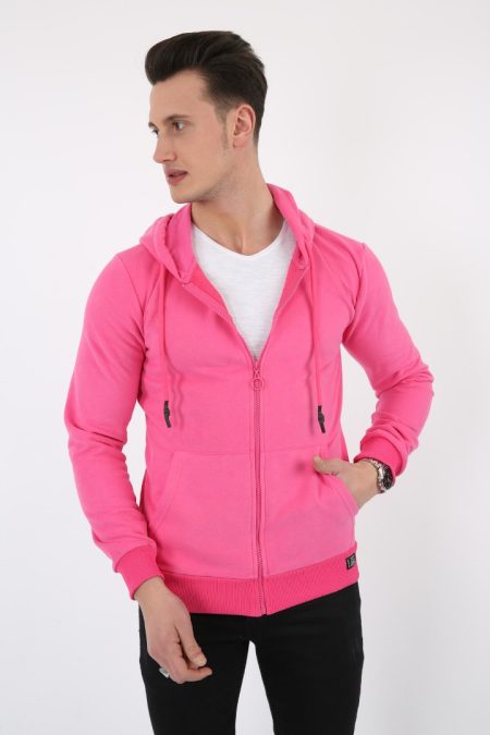 Üç İplik Düz Kapşonlu Fermuarlı Kanguru Cepli Erkek Günlük Sweatshirt