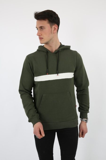 Üç İplik Kapşonlu Kalın Çizgili Kanguru Cepli Erkek Günlük Sweatshirt