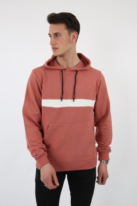 Üç İplik Kapşonlu Kalın Çizgili Kanguru Cepli Erkek Günlük Sweatshirt