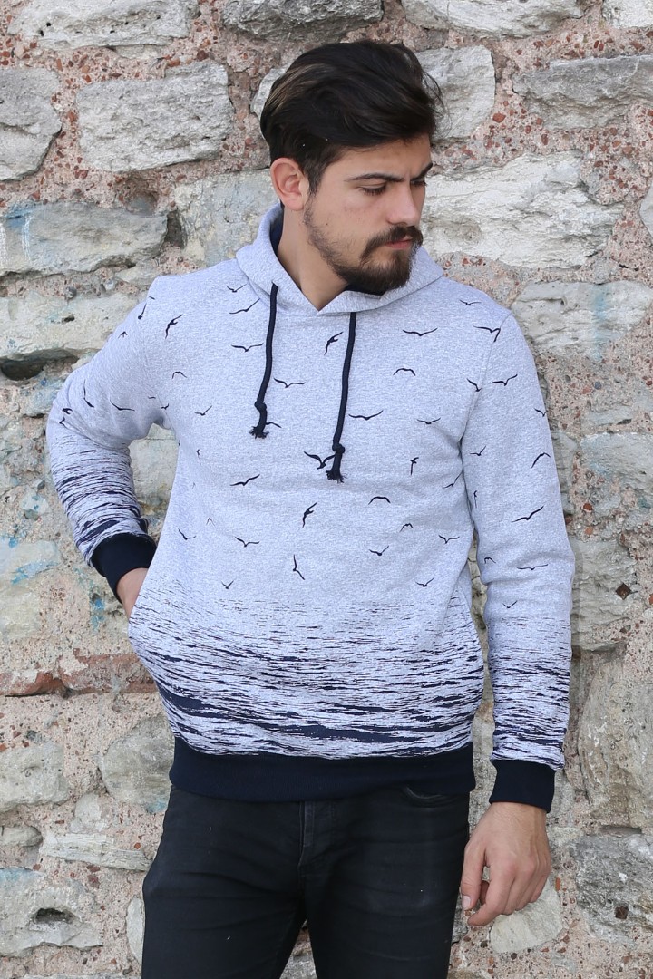 Üç İplik Kapşonlu Martı Desenli Erkek Günlük Sweatshirt 1 Üç İplik Kapşonlu Martı Desenli Erkek Günlük Sweatshirt