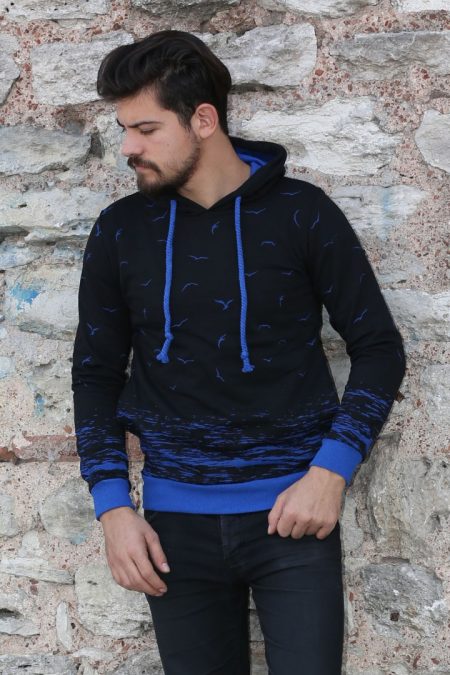 Üç İplik Kapşonlu Martı Desenli Erkek Günlük Sweatshirt