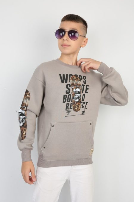 Üç İplik Şardonlu Baskılı Kanguru Cepli Erkek Çocuk Günlük Sweatshirt