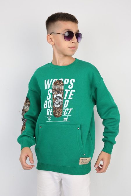 Üç İplik Şardonlu Baskılı Kanguru Cepli Erkek Çocuk Günlük Sweatshirt