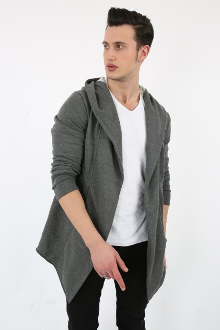 Üç İplik Şardonlu Kapşonlu Cepli Erkek Günlük Panço Hırka