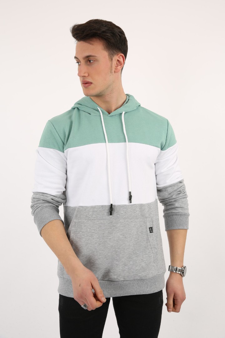 Üç Şardonlu Kapşonlu Parçalı Kanguru Cepli Erkek Günlük Sweatshirt 1 Üç Şardonlu Kapşonlu Parçalı Kanguru Cepli Erkek Günlük Sweatshirt