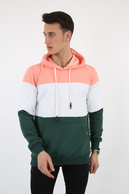 Üç Şardonlu Kapşonlu Parçalı Kanguru Cepli Erkek Günlük Sweatshirt