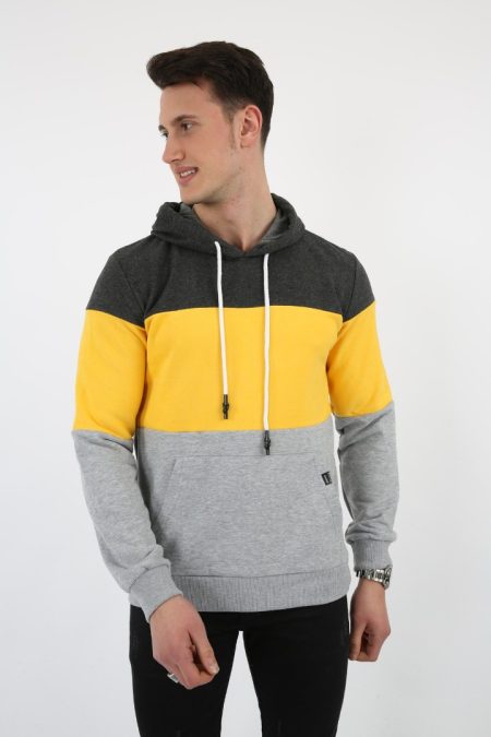Üç Şardonlu Kapşonlu Parçalı Kanguru Cepli Erkek Günlük Sweatshirt