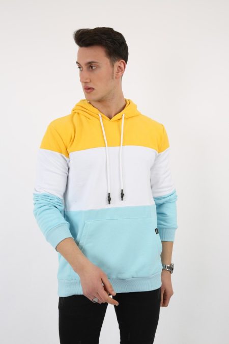 Üç Şardonlu Kapşonlu Parçalı Kanguru Cepli Erkek Günlük Sweatshirt