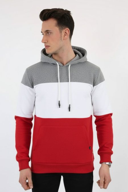 Üç Şardonlu Kapşonlu Parçalı Kanguru Cepli Erkek Günlük Sweatshirt