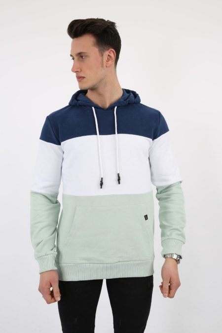 Üç Şardonlu Kapşonlu Parçalı Kanguru Cepli Erkek Günlük Sweatshirt