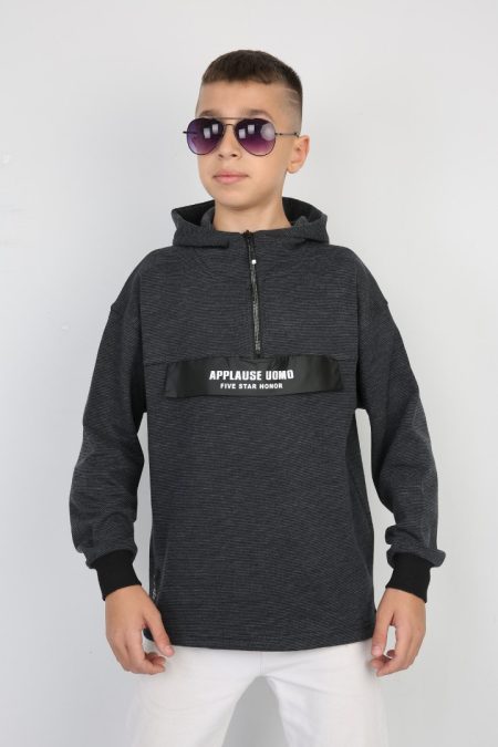 Yarım Fermuarlı Kapşonlu Baskılı Erkek Çocuk Günlük Sweatshirt