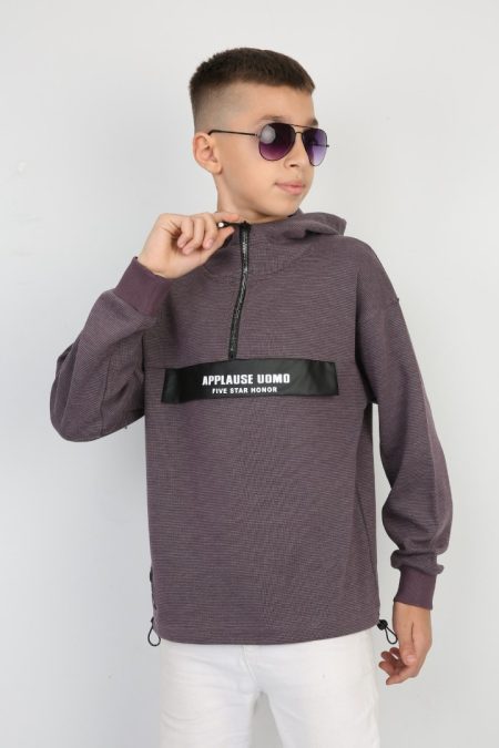 Yarım Fermuarlı Kapşonlu Baskılı Erkek Çocuk Günlük Sweatshirt