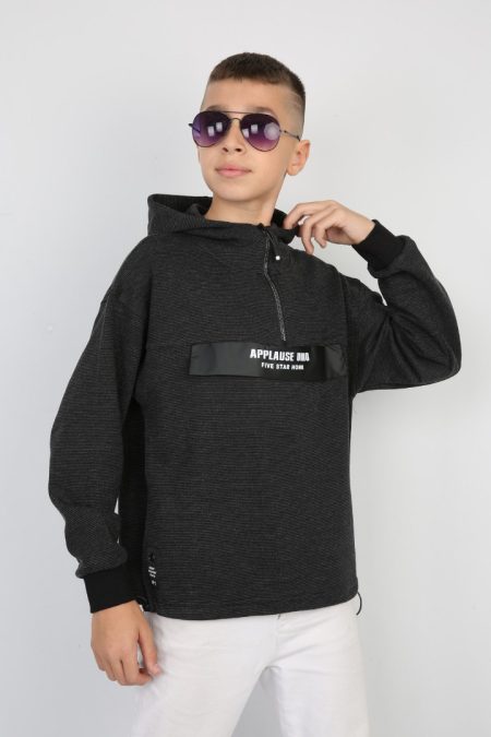 Yarım Fermuarlı Kapşonlu Baskılı Erkek Çocuk Günlük Sweatshirt