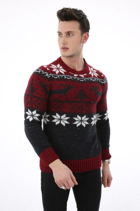 Erkek Geyik Ve Kar Desenli Kışlık Kalın Günlük Triko Kazak