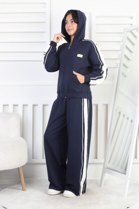 İki İplik Çizgili Kapşonlu Fermuarlı Kız Çocuk Takım