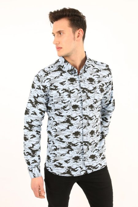 Erkek Günlük Likralı Kamuflaj Desenli Gömlek