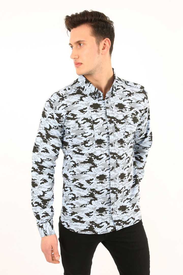 Erkek Günlük Likralı Kamuflaj Desenli Gömlek 1 Erkek Günlük Likralı Kamuflaj Desenli Gömlek