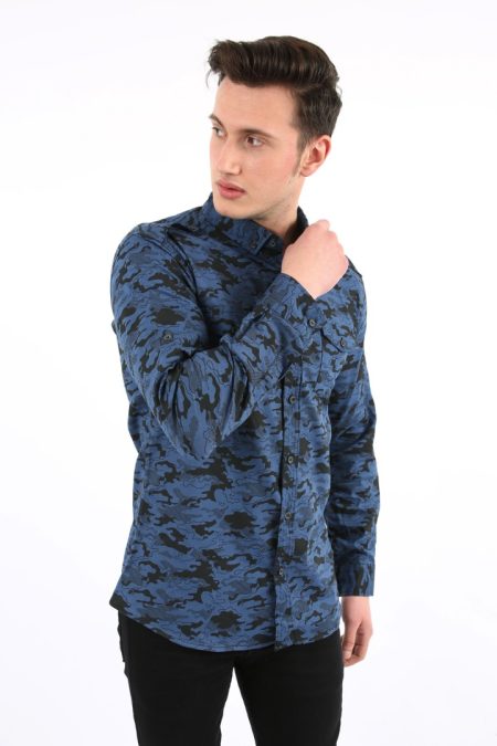 Erkek Günlük Likralı Kamuflaj Desenli Gömlek