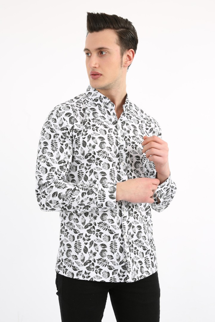 Erkek Günlük Yaprak Desenli Likralı Gömlek 1 Erkek Günlük Yaprak Desenli Likralı Gömlek