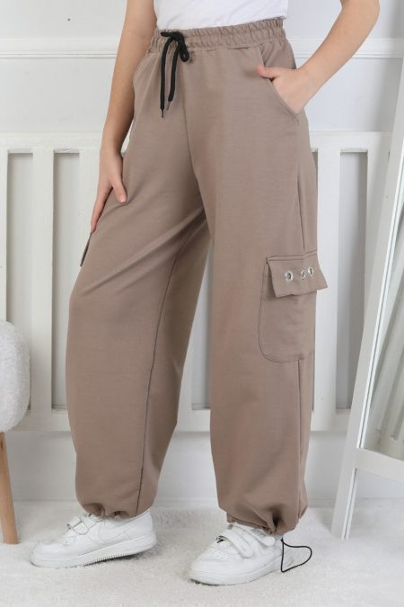 İki İplik Baskılı Kargo Çepli Kız Çocuk Eşofman Altı