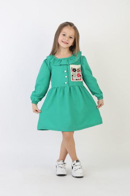 İşlemeli Gofre Kumaş Kız Çocuk Günlük Şık Rahat Ve Trend Elbise