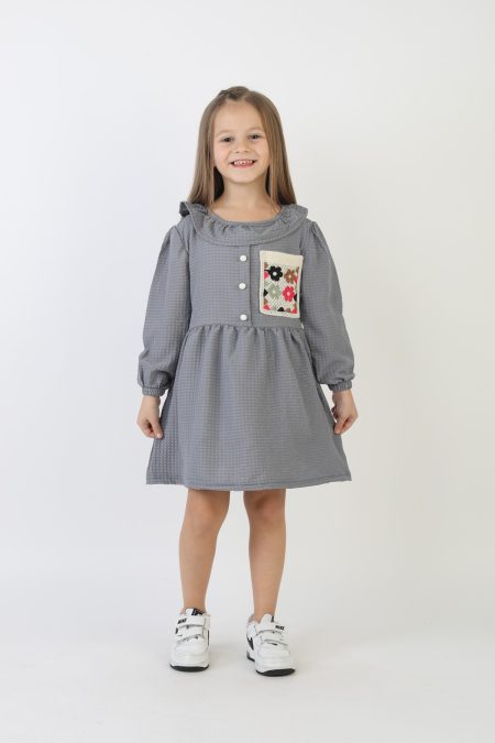 İşlemeli Gofre Kumaş Kız Çocuk Günlük Şık Rahat Ve Trend Elbise